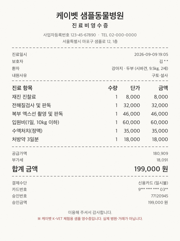 샘플 영수증 3 · 강아지 구토·설사 입원